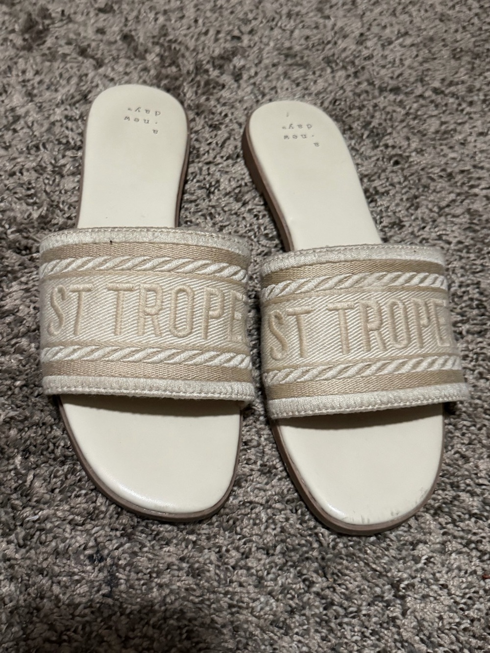 St. Tropez Embroidered Slide Sandals in Beige
